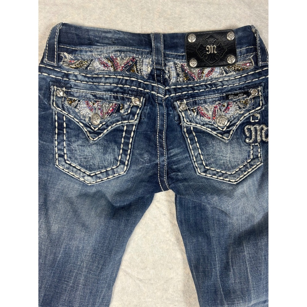 Miss Me Womens Skinny Jeans - Dark Blue with Multicolor Embroidery